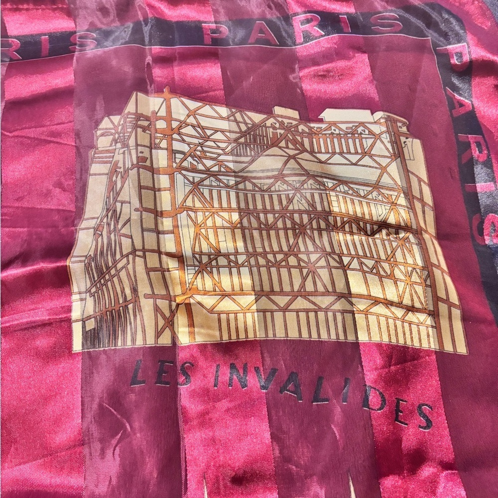 Vintage Paris Scarf Eiffel Tower Notre Dame Red 37” Square France Landmarks - Picture 4 of 9